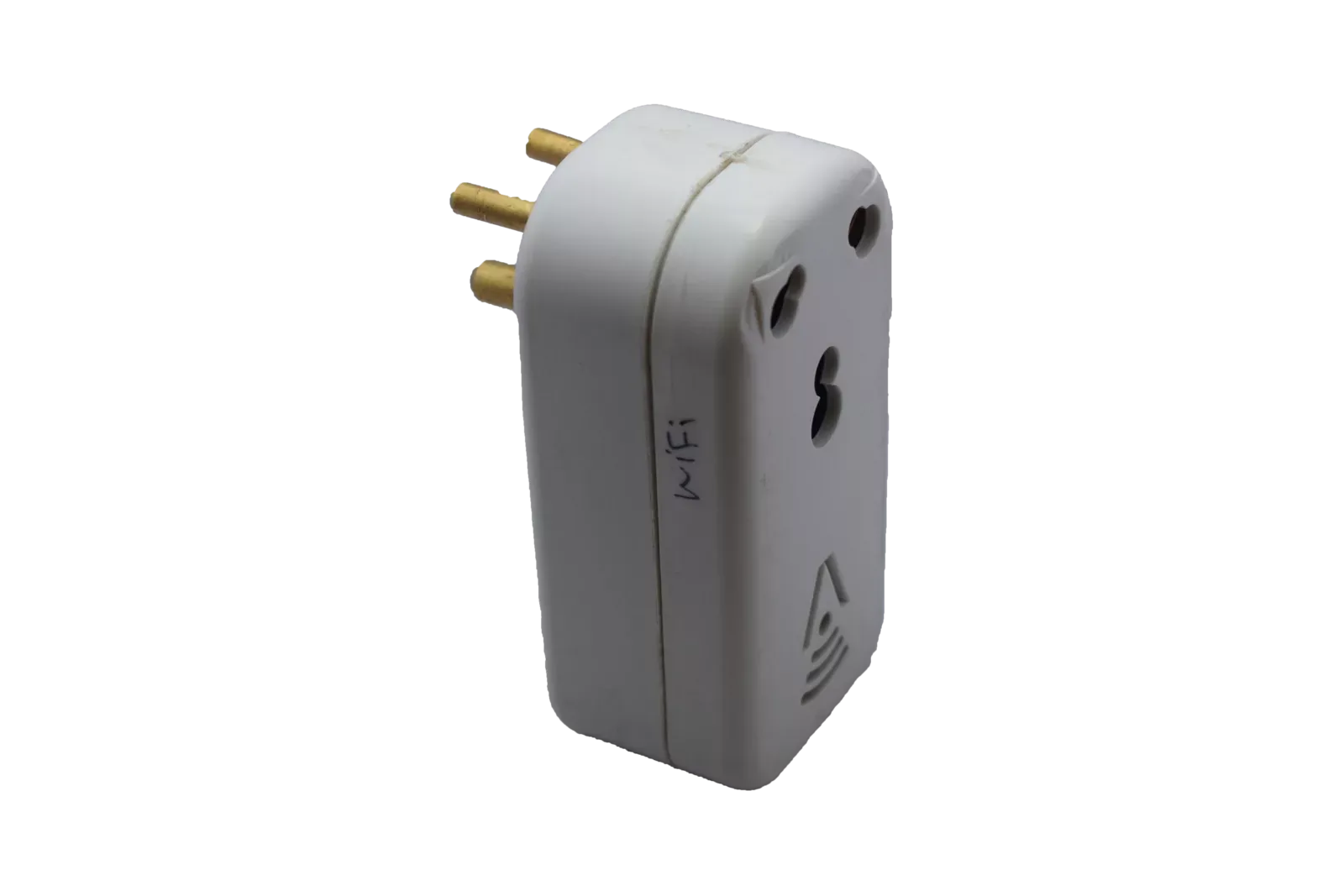 Smart plug prototype with a handwritten “WiFi” label, used for early bench testing