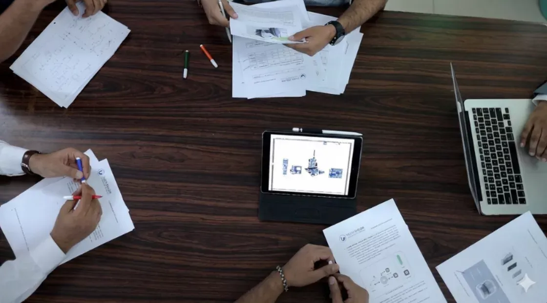 Overhead view of a team reviewing schematics and product documents around a table