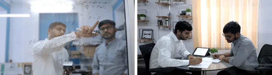 Engineers reviewing calculations on a glass whiteboard, and a mentorship discussion around a tablet