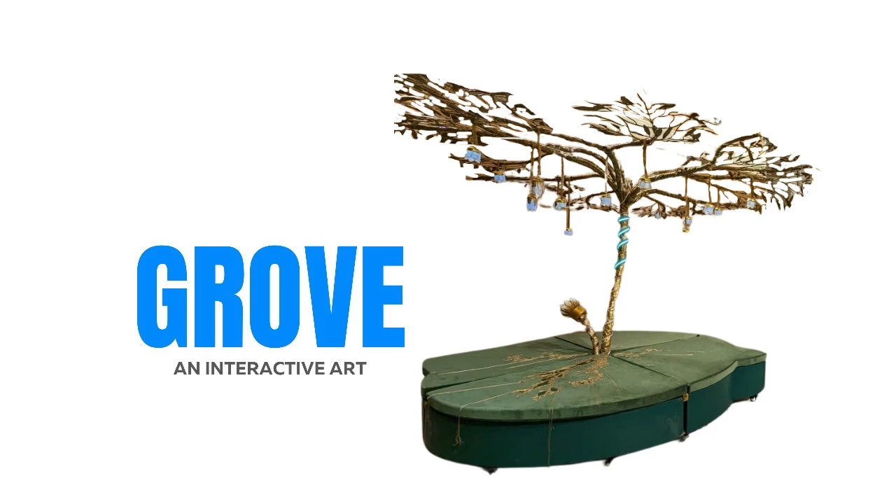 Grove — An Interactive Art, title graphic over the finished tree installation