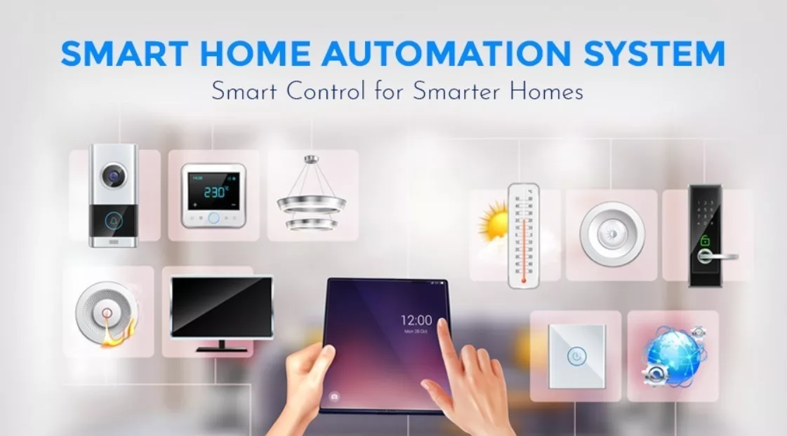 Smart Home Automation System — title graphic showing connected appliances and a foldable control tablet